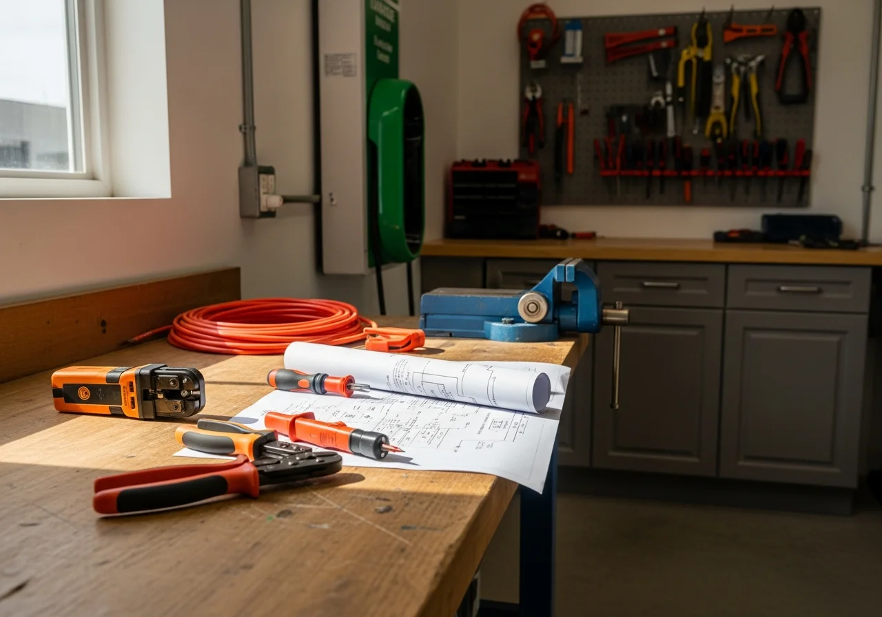 Electrician tools and equipment arranged on a workbench, representing professional electrical service readiness.