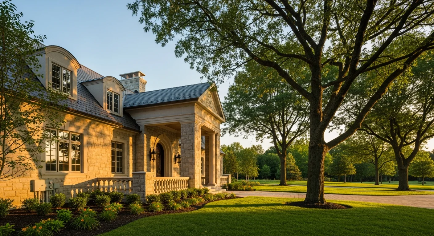 Upscale Barrington home with manicured landscaping and stone entry, framed by mature oak trees.