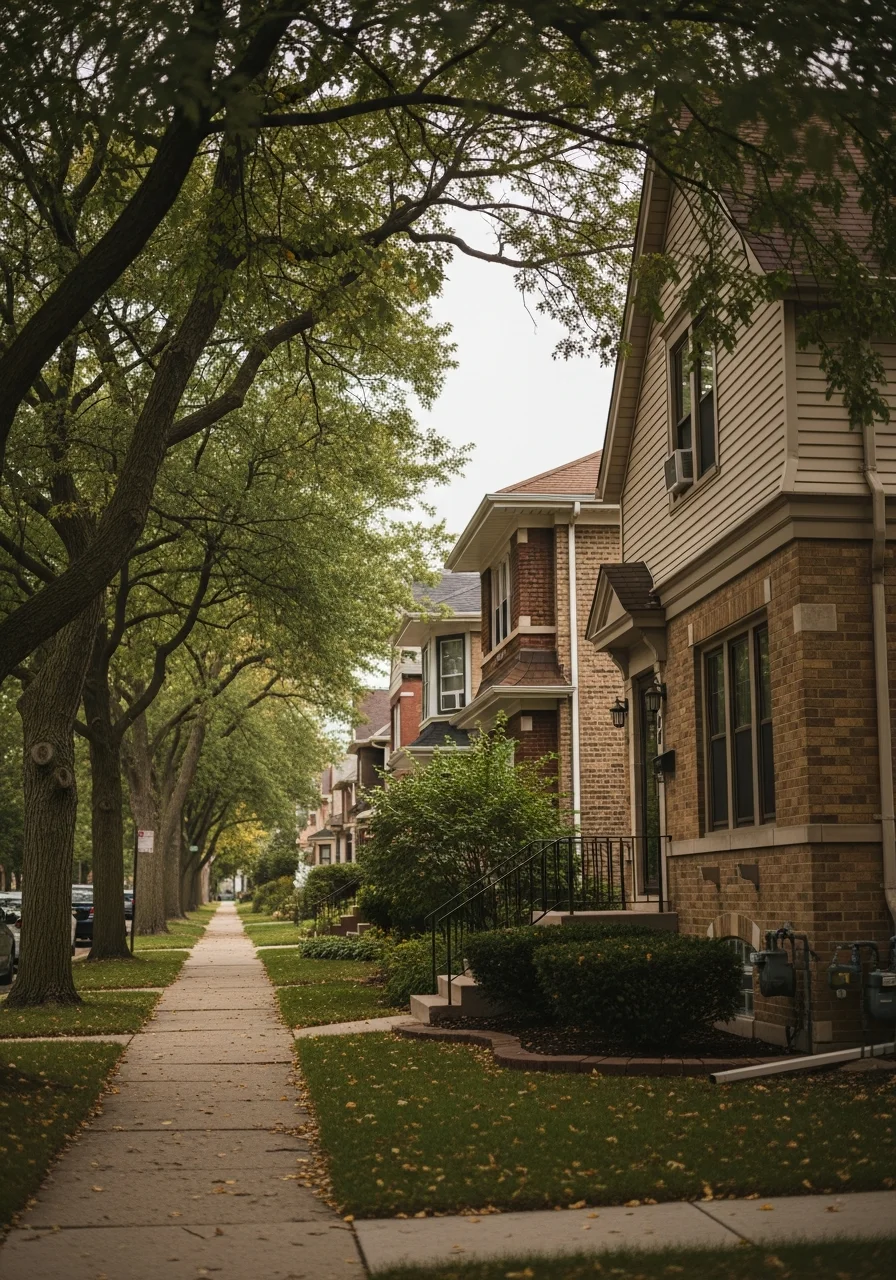 Residential street in a Chicagoland suburb with well-maintained homes and tree canopy.