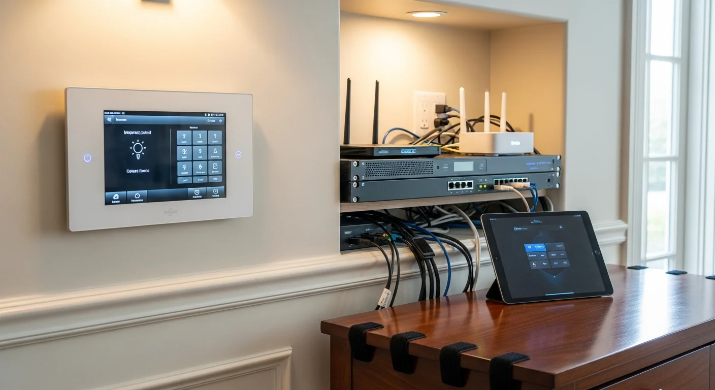 A Barrington, IL single-family home interior showing a wall-mounted control panel connected to lighting, climate, and security systems in a unified automated setup. Clean wiring and integrated devices are visible across a large open-plan living space.