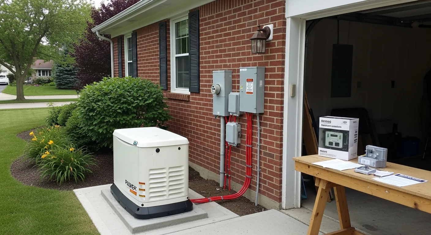 A licensed electrician from HD Electric Design connecting a standby backup power system to the electrical panel of a residential home in Barrington, IL. The transfer switch and wiring are visible against the exterior wall of a single-family home.