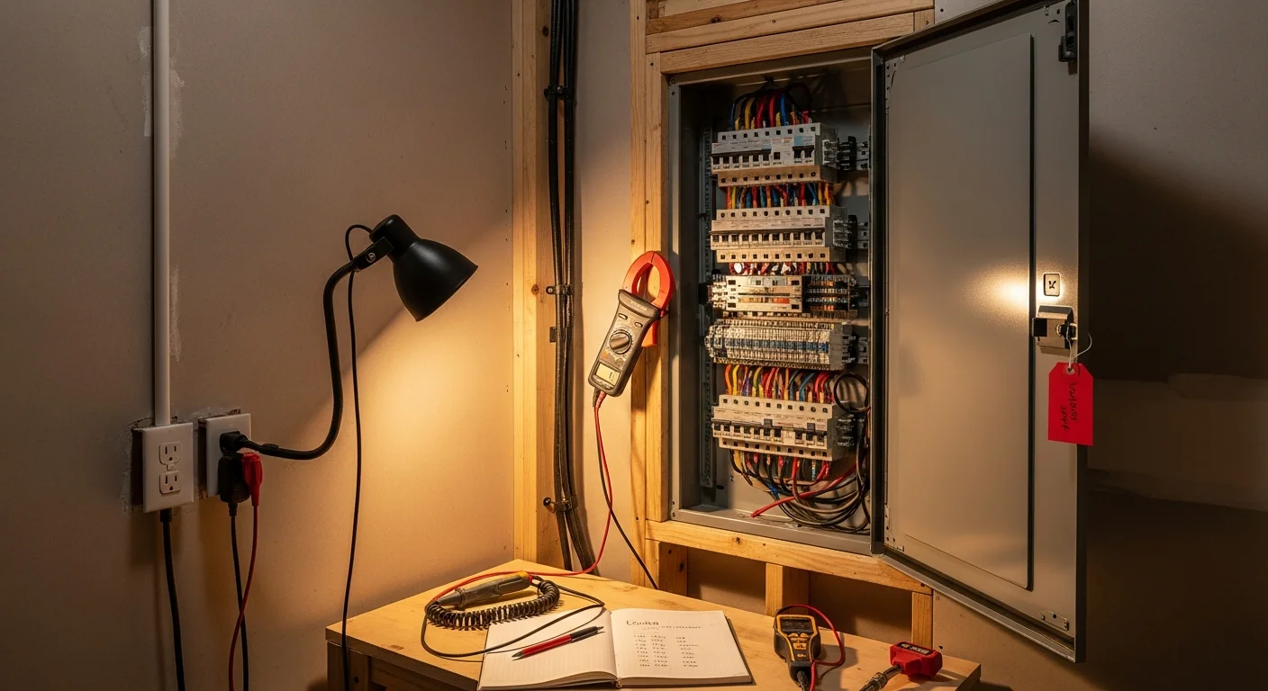 A licensed electrician from HD Electric Design adding a new dedicated circuit breaker to a residential electrical panel in a Barrington, Illinois home. The panel interior shows clearly labeled breakers with organized wiring on both legs.