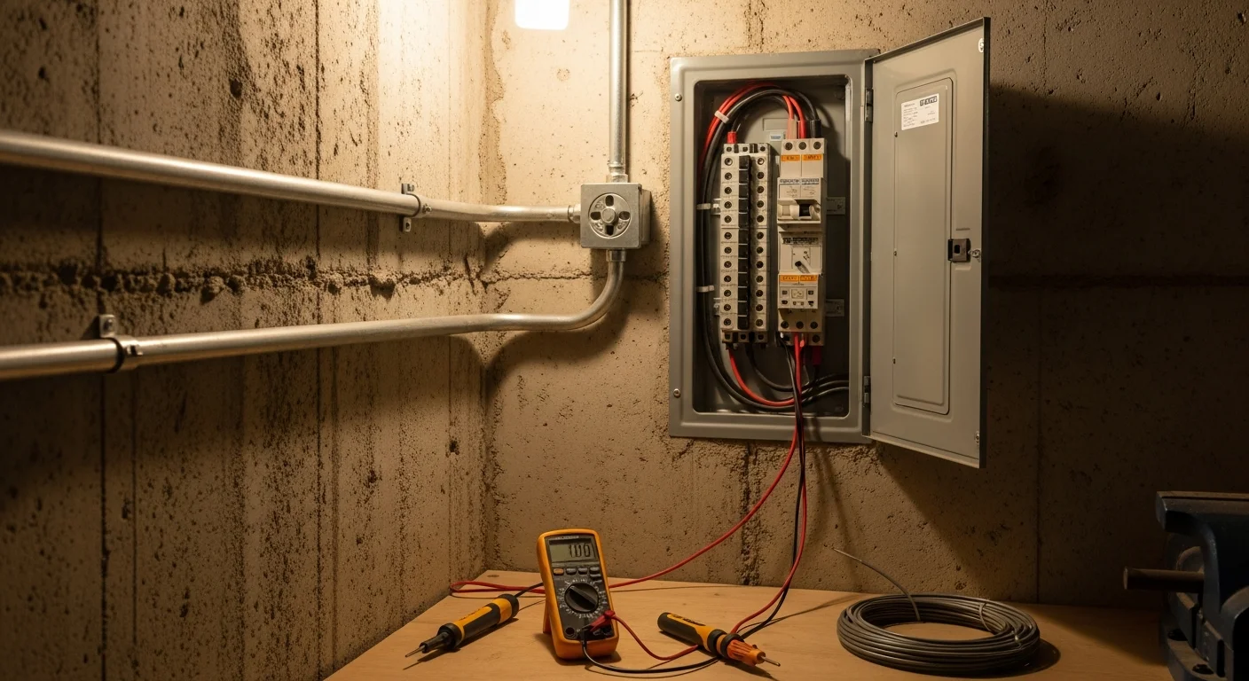 A licensed electrician from HD Electric Design installs a new 200-amp electrical panel inside a Barrington, IL home, with organized circuit breakers and proper grounding visible. The upgraded panel replaces an older 100-amp service box in a residential utility room.