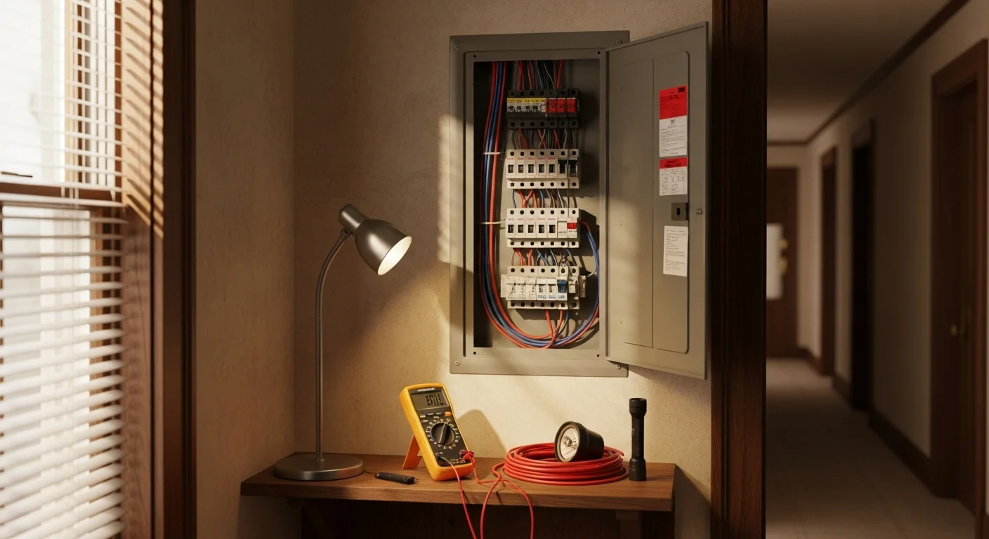 A licensed electrician from HD Electric Design inspecting an electrical panel inside a residential home in Barrington, IL. The panel cover is open, showing circuit breakers being tested during a troubleshooting visit.
