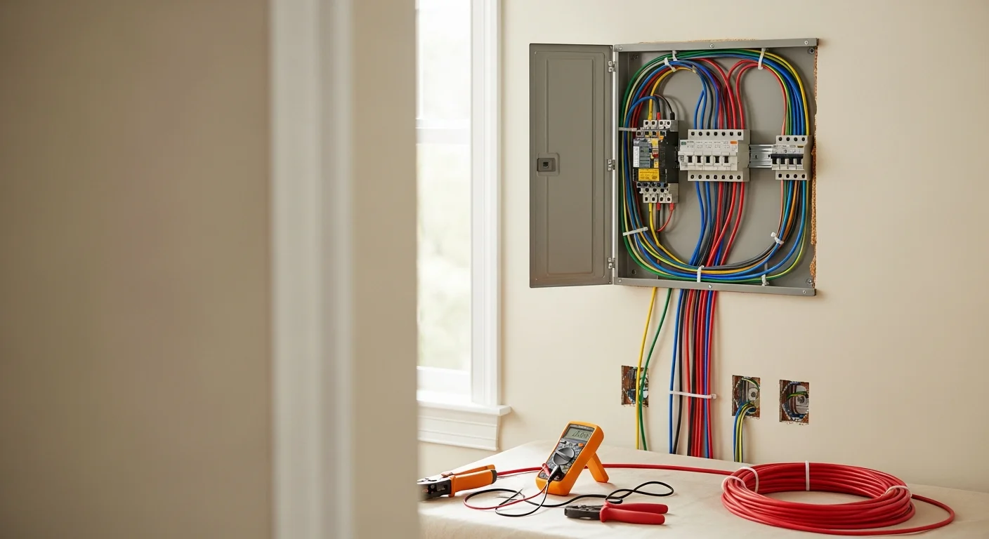 A licensed electrician from HD Electric Design running new copper wiring through an open wall cavity inside a Barrington, IL home during a residential rewiring project. Neatly organized wire runs and a partially upgraded electrical panel are visible in the background.