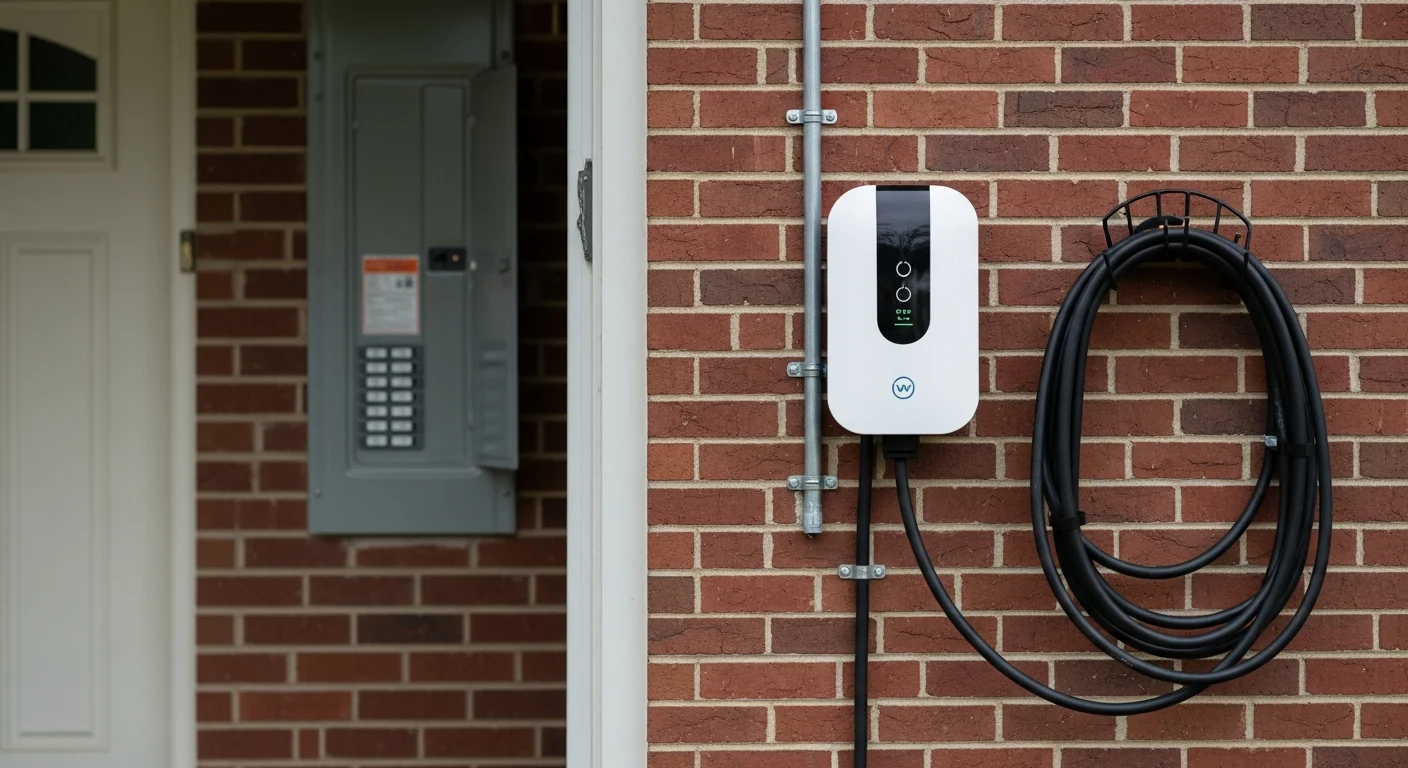 A Level 2 EV charging station mounted on the interior wall of a residential garage in Barrington, Illinois, with a dedicated 240V circuit and clean conduit run along the wall. The garage is attached to a single-family home typical of the Barrington area.