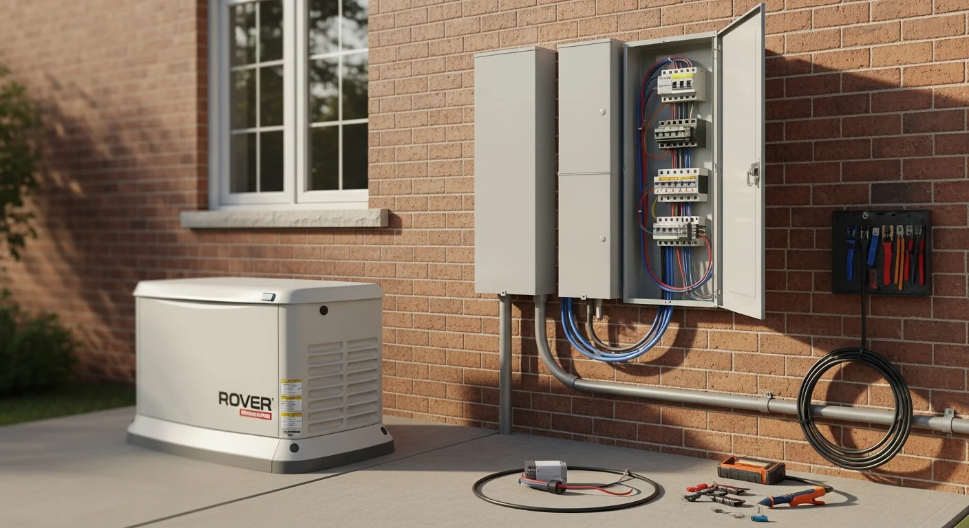A licensed electrician connecting heavy-gauge wiring between a standby generator and a residential main electrical panel in Barrington, Illinois. The transfer switch is mounted on the exterior wall beside the panel box, with conduit running neatly to the generator unit on a concrete pad.
