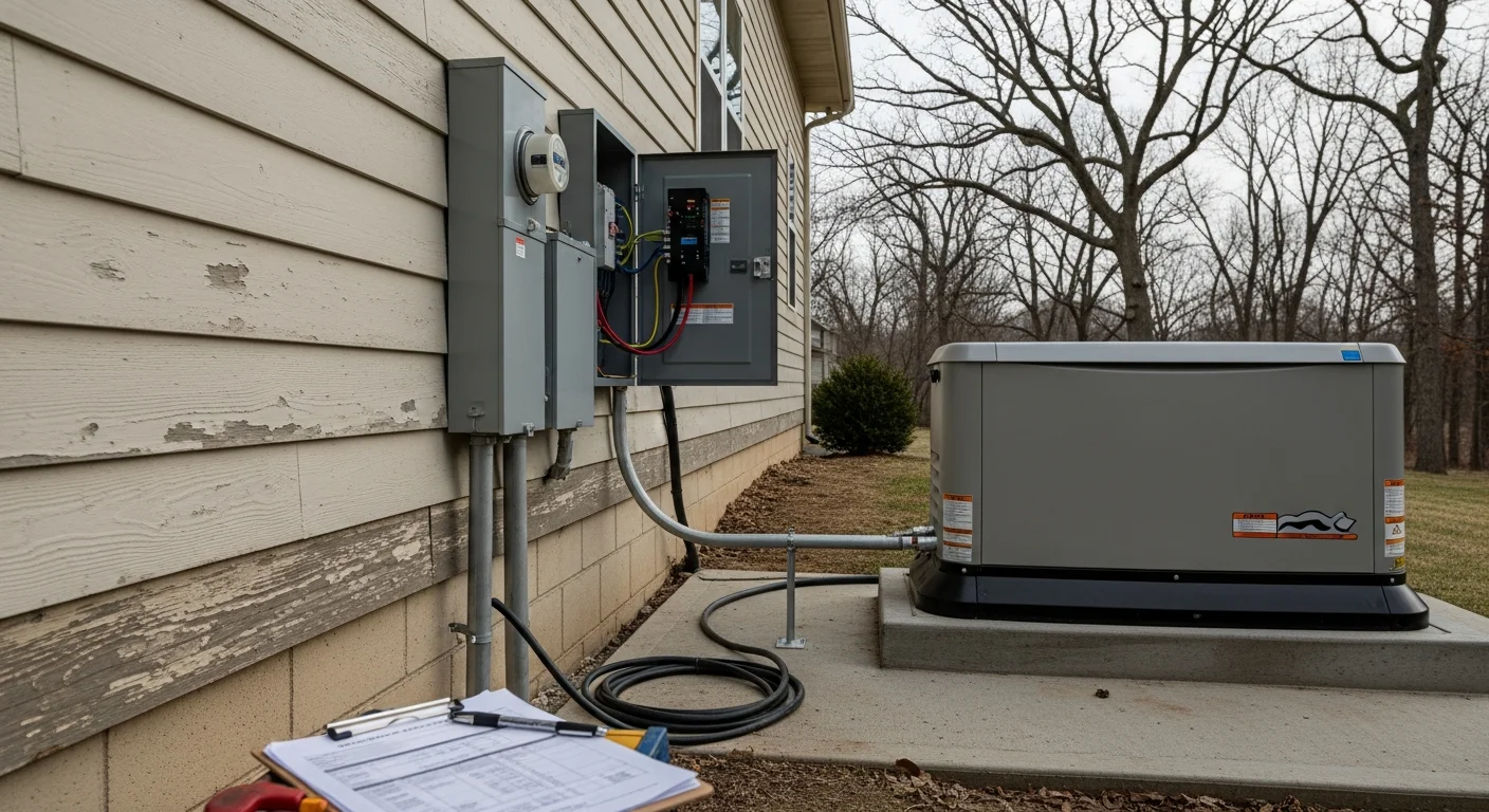 A standby generator installed on a concrete pad beside a single-family home in Barrington, Illinois, with electrical conduit running to the home's main panel. The surrounding yard shows mature trees typical of wooded residential lots in the Barrington area.