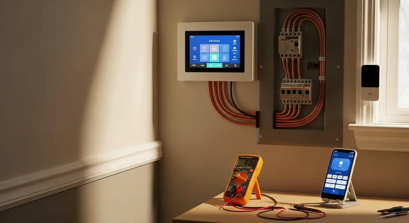 A licensed electrician from HD Electric Design configuring a smart home control panel inside a residential home in Barrington, Illinois. Wired connections to lighting and thermostat controls are visible along the wall behind the panel.