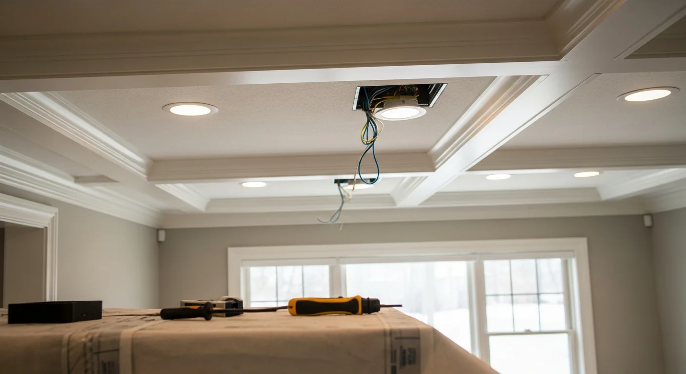A licensed electrician from HD Electric Design installing recessed LED lighting in the ceiling of a single-family home in Barrington, IL. The finished fixtures cast even, warm light across a residential living space with period-style trim details.