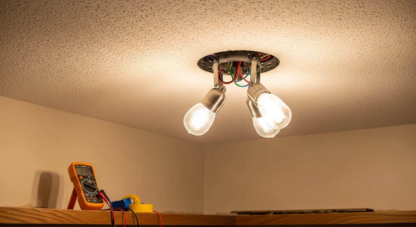 A licensed electrician from HD Electric Design installing a new ceiling light fixture in a Barrington home, with wiring connections visible at the junction box before the canopy is secured.