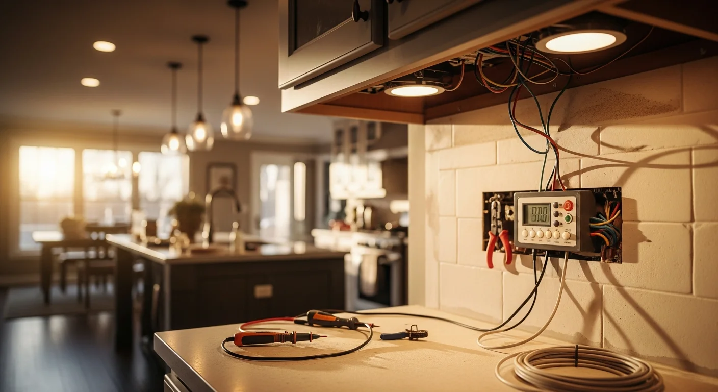A licensed electrician from HD Electric Design installing recessed lighting in the kitchen of a Barrington, IL home. Finished fixtures are evenly spaced across the ceiling with clean trim rings and no visible wiring.