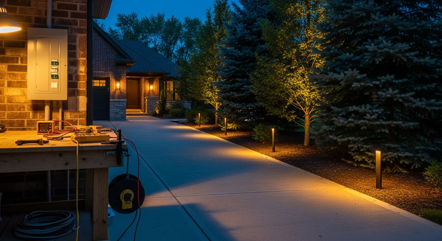 Outdoor lighting installation on a large Barrington, IL residential property, showing uplighting on mature trees along a landscaped driveway and pathway lights leading to a front entryway at dusk.