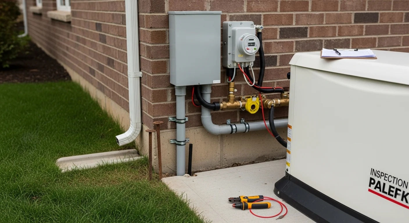 A licensed electrician from HD Electric Design inspecting a standby generator transfer switch and wiring panel at a residential property in Barrington, Illinois. The generator is mounted on a concrete pad with visible conduit runs and fuel line connections being reviewed for code compliance.