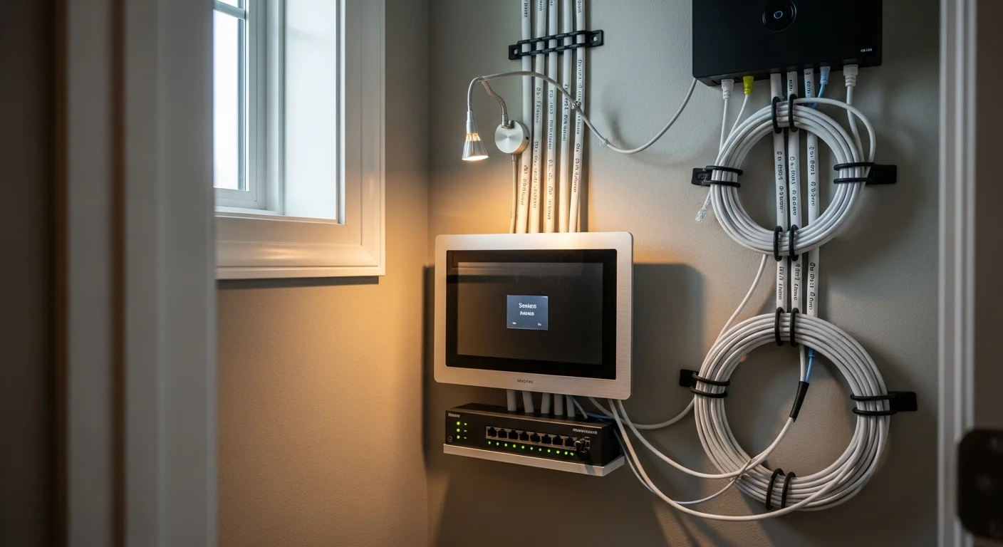 A licensed electrician from HD Electric Design configuring a wall-mounted smart home control panel inside a Barrington, Illinois residence. The panel displays connected lighting, thermostat, and security controls on a single interface.