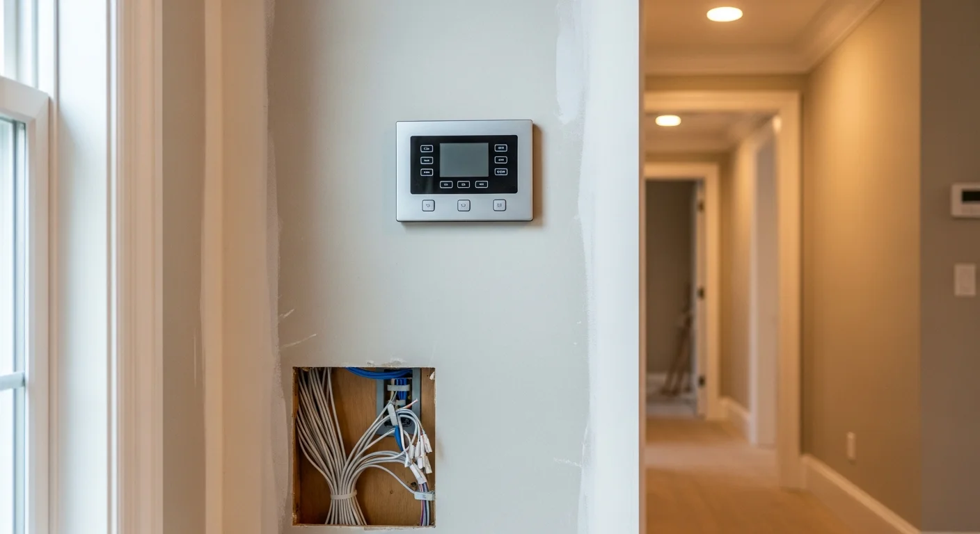 A licensed electrician programs a wall-mounted smart lighting keypad inside a large single-family home in Barrington, Illinois. Multiple dimmed lighting zones are visible across an open-plan living and dining area.